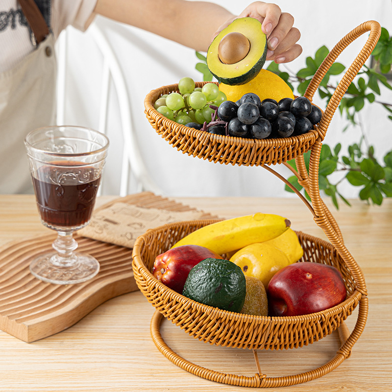 Imitation rattan double-layer light luxury fruit basket for household living room snack storage rack, coffee table fruit tray storage basket